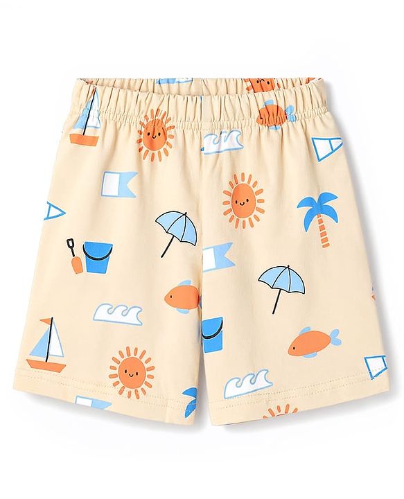 Babyhug Cotton Knit Half  Sleeves Co-Ord T-Shirt & Shorts Night Suit With Tropical Theme Print - Blue & Cream