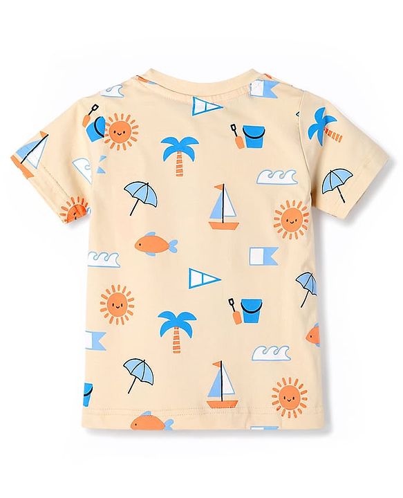 Babyhug Cotton Knit Half  Sleeves Co-Ord T-Shirt & Shorts Night Suit With Tropical Theme Print - Blue & Cream