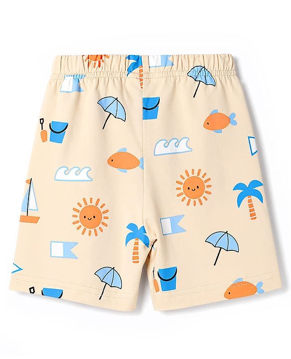 Babyhug Cotton Knit Half  Sleeves Co-Ord T-Shirt & Shorts Night Suit With Tropical Theme Print - Blue & Cream