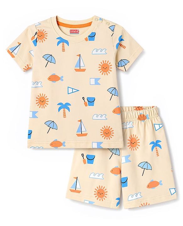 Babyhug Cotton Knit Half  Sleeves Co-Ord T-Shirt & Shorts Night Suit With Tropical Theme Print - Blue & Cream