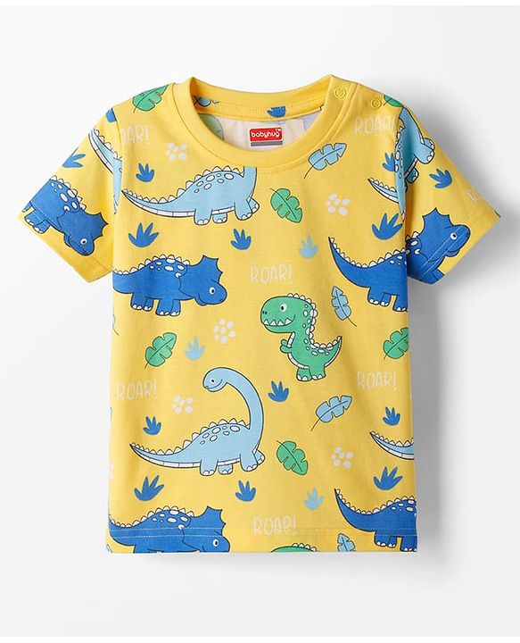 Babyhug Cotton Knit Half Sleeves T-Shirt & Shorts Co-ord Night Suit With Dino Print - Yellow