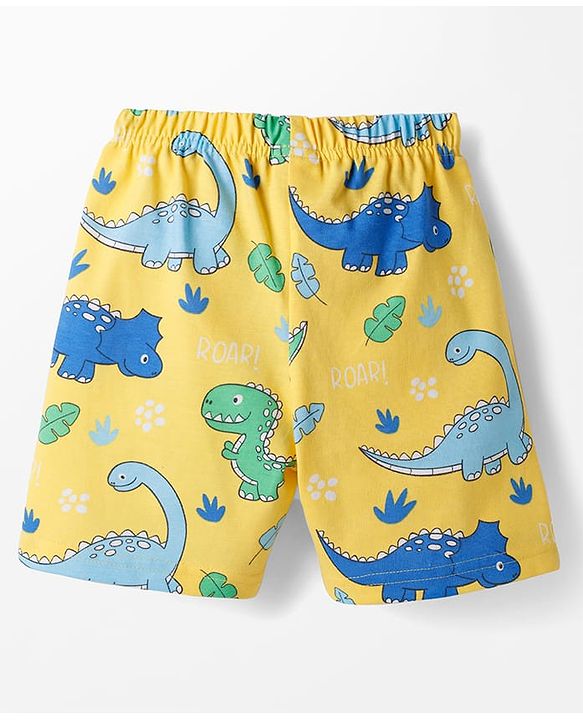 Babyhug Cotton Knit Half Sleeves T-Shirt & Shorts Co-ord Night Suit With Dino Print - Yellow