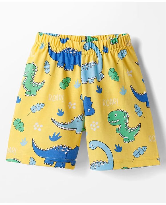 Babyhug Cotton Knit Half Sleeves T-Shirt & Shorts Co-ord Night Suit With Dino Print - Yellow