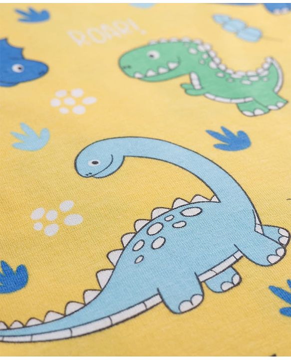 Babyhug Cotton Knit Half Sleeves T-Shirt & Shorts Co-ord Night Suit With Dino Print - Yellow