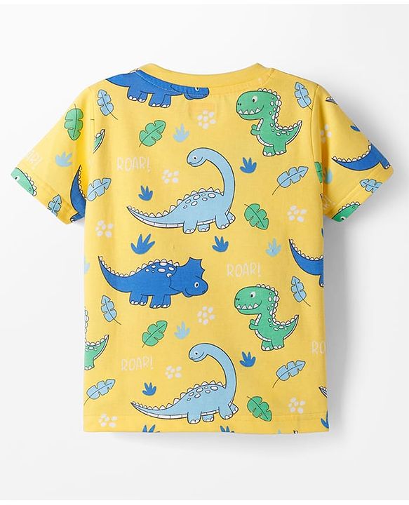 Babyhug Cotton Knit Half Sleeves T-Shirt & Shorts Co-ord Night Suit With Dino Print - Yellow