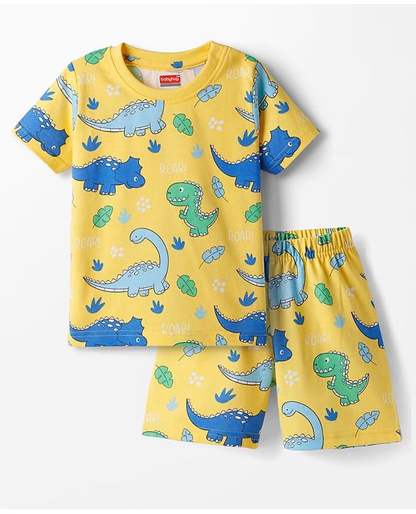 Babyhug Cotton Knit Half Sleeves T-Shirt & Shorts Co-ord Night Suit With Dino Print - Yellow