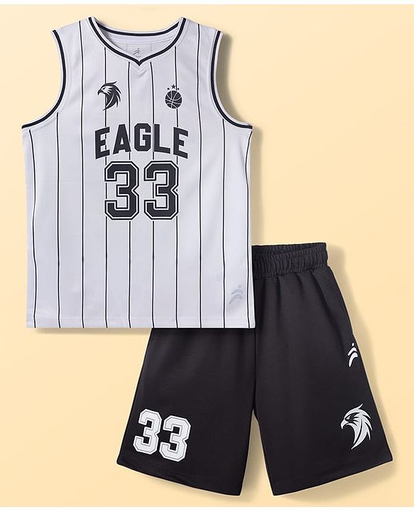 Pine Active Knit Sleeveless Stripes & Text Printed Tank T-Shirt & Shorts Set - White
