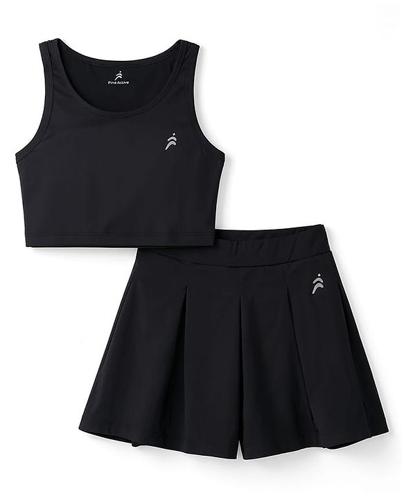 Pine Active Knit Sleeveless Solid Tank top and Flared Skirt Tennis Set - Black