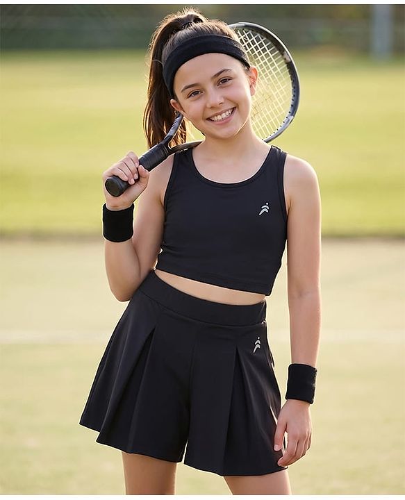 Pine Active Knit Sleeveless Solid Tank top and Flared Skirt Tennis Set - Black