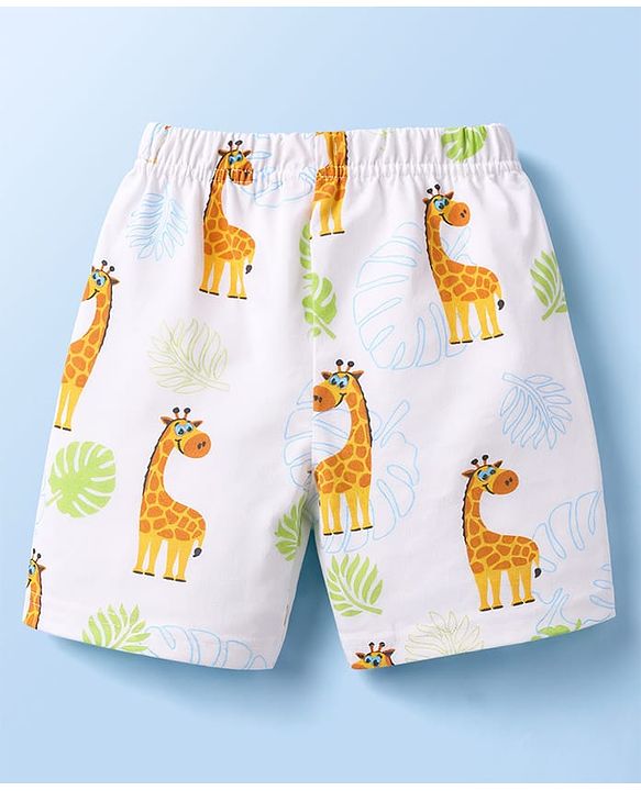 Babyhug 100% Cotton Knit Half Sleeves T-Shirt & Shorts Co-ord Night Suit with Giraffe Print - White