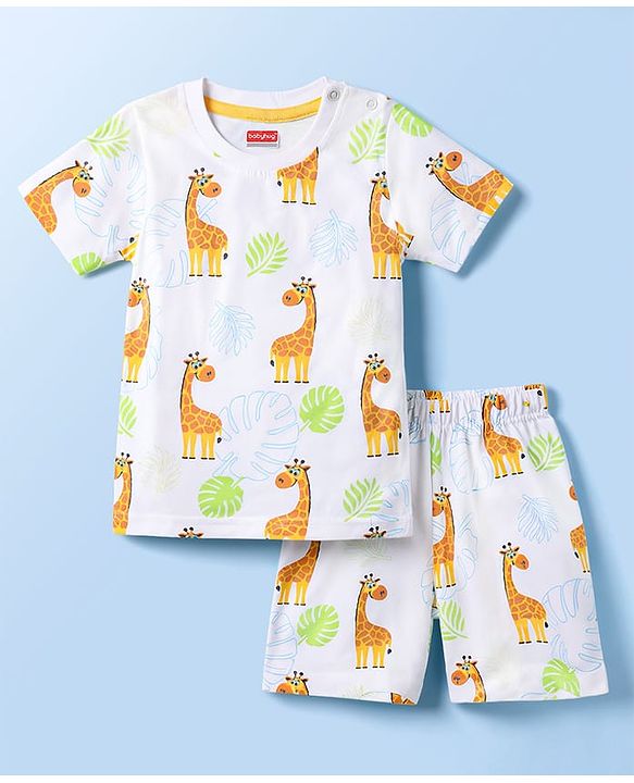 Babyhug 100% Cotton Knit Half Sleeves T-Shirt & Shorts Co-ord Night Suit with Giraffe Print - White