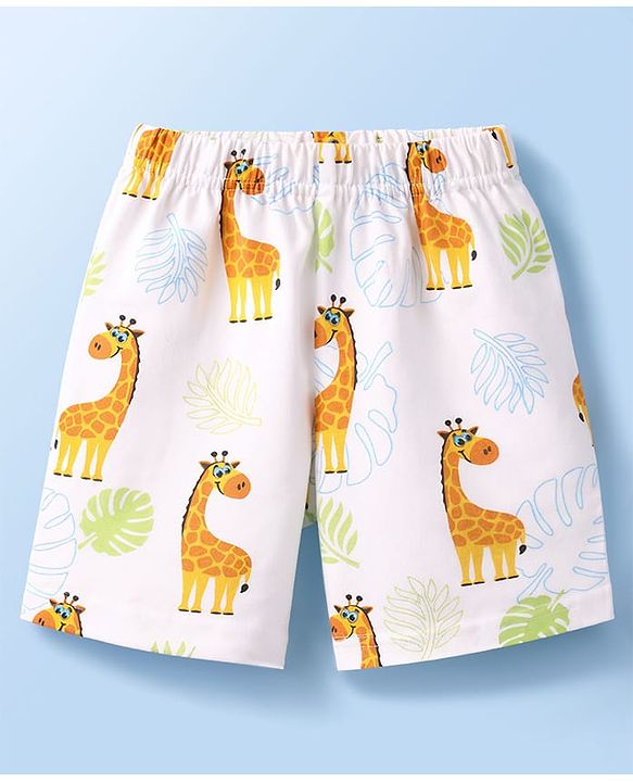 Babyhug 100% Cotton Knit Half Sleeves T-Shirt & Shorts Co-ord Night Suit with Giraffe Print - White