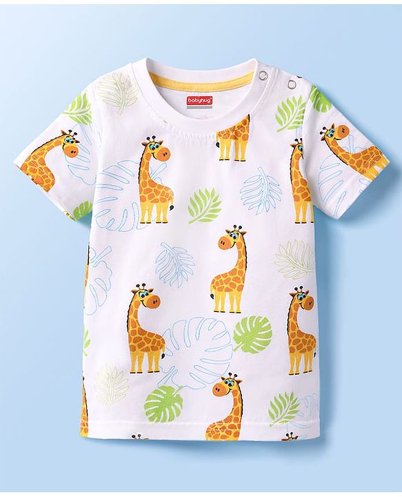 Babyhug 100% Cotton Knit Half Sleeves T-Shirt & Shorts Co-ord Night Suit with Giraffe Print - White