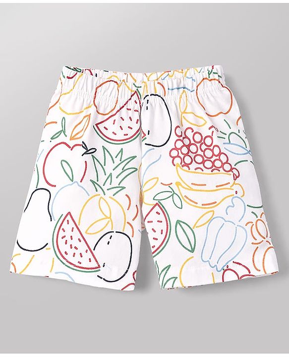 Babyhug Cotton Knit Half  Sleeves Co-Ord T-Shirt & Shorts Night Suit With Fruits Print - White