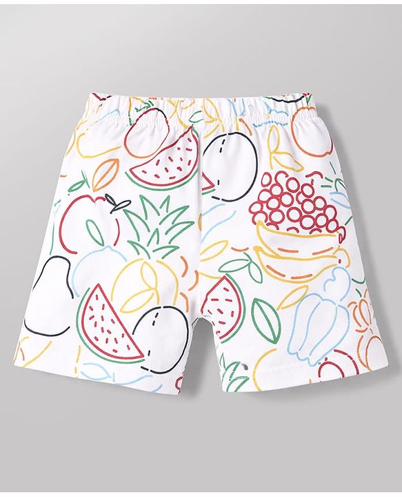 Babyhug Cotton Knit Half  Sleeves Co-Ord T-Shirt & Shorts Night Suit With Fruits Print - White