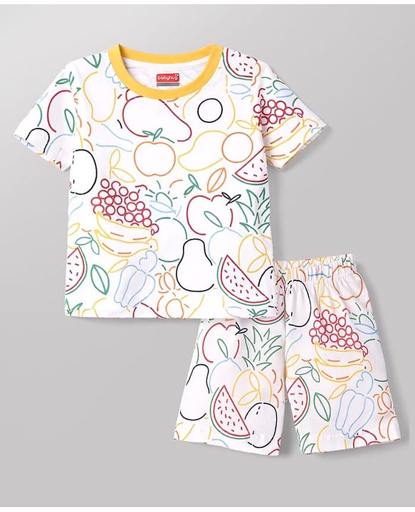 Babyhug Cotton Knit Half  Sleeves Co-Ord T-Shirt & Shorts Night Suit With Fruits Print - White