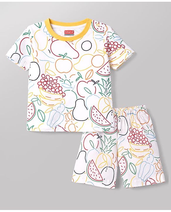 Babyhug Cotton Knit Half  Sleeves Co-Ord T-Shirt & Shorts Night Suit With Fruits Print - White