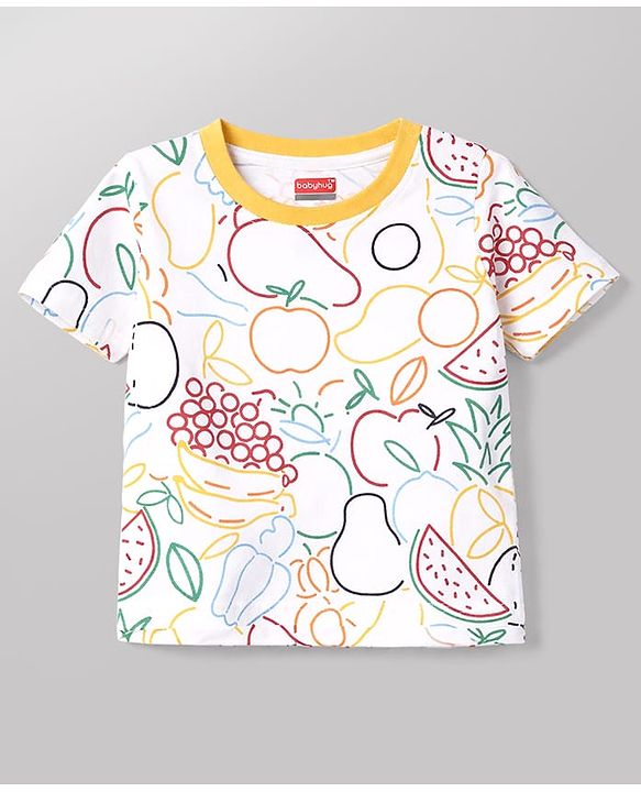 Babyhug Cotton Knit Half  Sleeves Co-Ord T-Shirt & Shorts Night Suit With Fruits Print - White