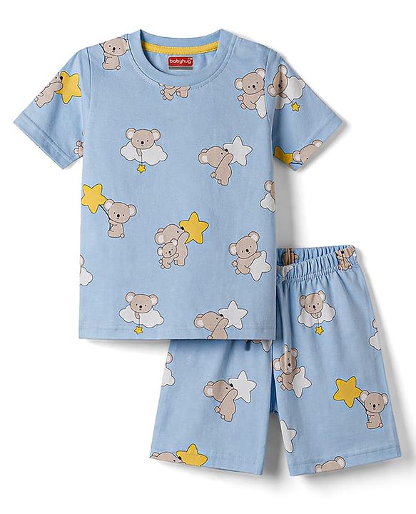 Babyhug Cotton Knit Half  Sleeves Co-Ord T-Shirt & Shorts Night Suit With Koala Print - Blue