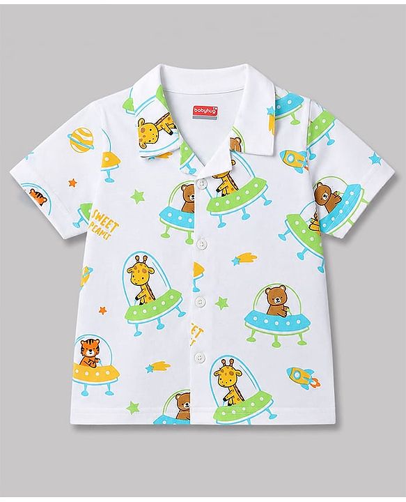 Babyhug Cotton Knit Half  Sleeves Animal & Space Theme Printed Co-Ords Shirt & Shorts Night Suit - White