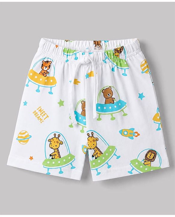 Babyhug Cotton Knit Half  Sleeves Animal & Space Theme Printed Co-Ords Shirt & Shorts Night Suit - White