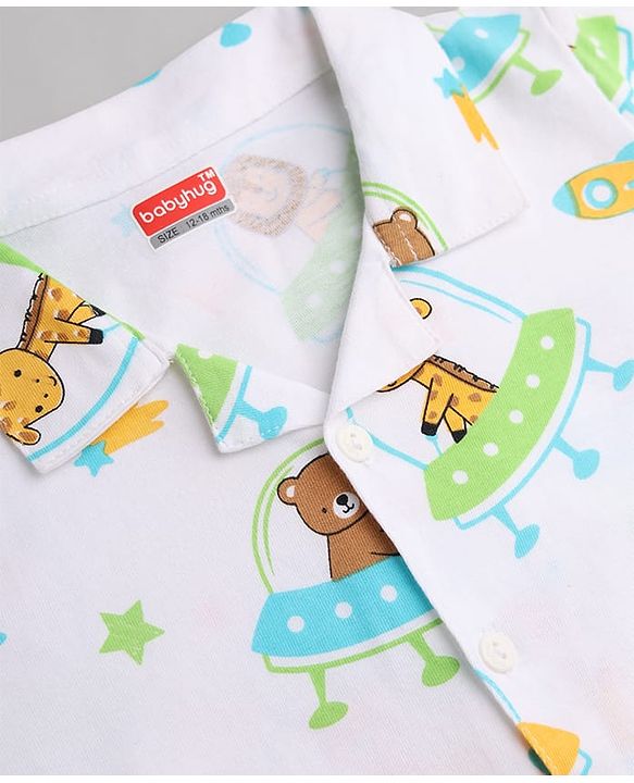 Babyhug Cotton Knit Half  Sleeves Animal & Space Theme Printed Co-Ords Shirt & Shorts Night Suit - White