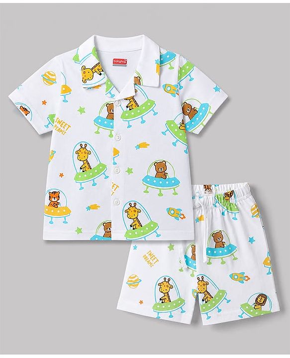 Babyhug Cotton Knit Half  Sleeves Animal & Space Theme Printed Co-Ords Shirt & Shorts Night Suit - White