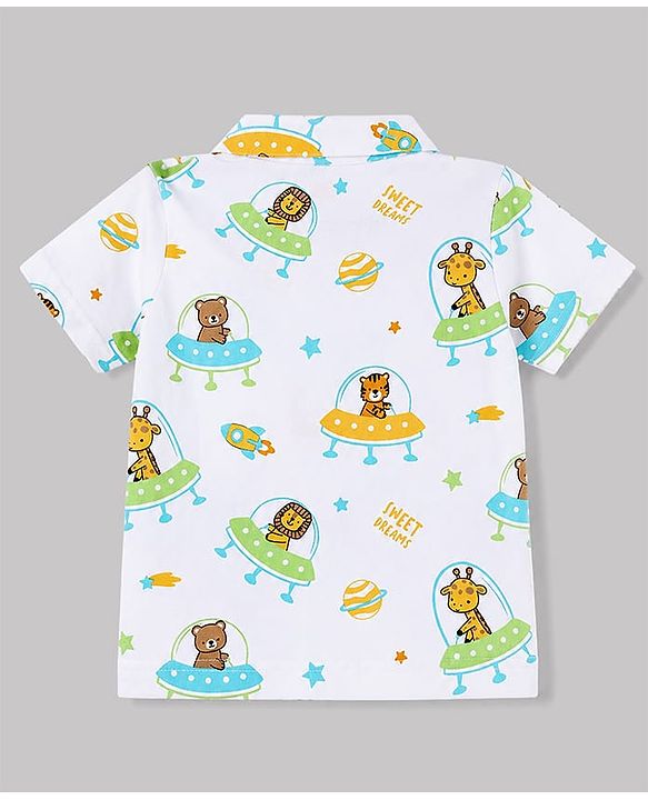 Babyhug Cotton Knit Half  Sleeves Animal & Space Theme Printed Co-Ords Shirt & Shorts Night Suit - White