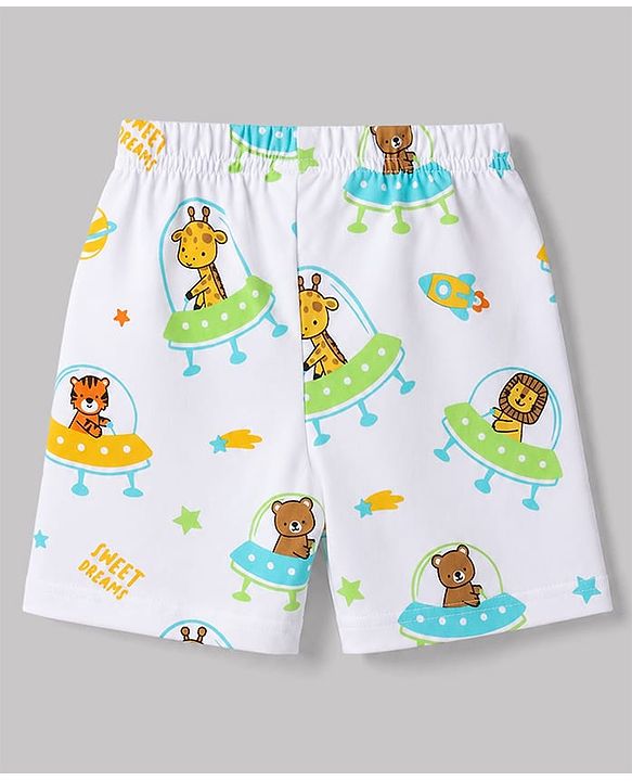 Babyhug Cotton Knit Half  Sleeves Animal & Space Theme Printed Co-Ords Shirt & Shorts Night Suit - White
