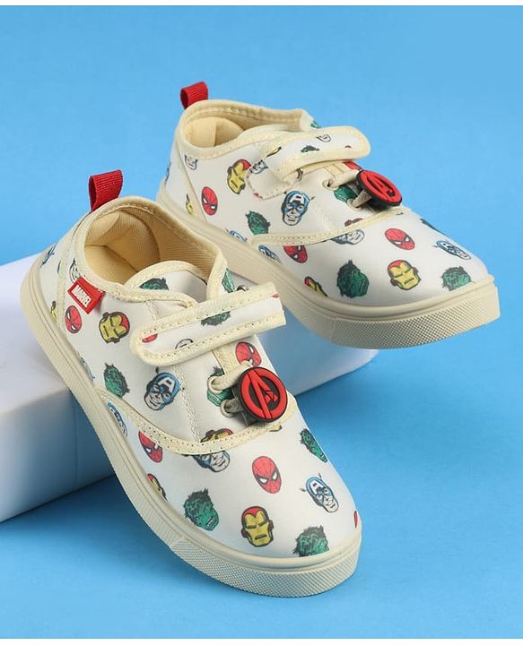 Pine Kids Marvel Velcro Closure Casual Shoes with Avengers Print - Beige