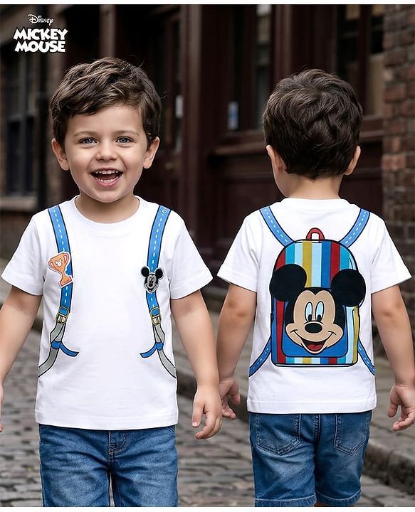 Babyhug Disney Single Jersey Knit Half Sleeves T-Shirt with Front & Back Mickey Mouse Graphics - White