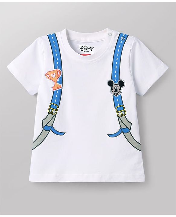 Babyhug Disney Single Jersey Knit Half Sleeves T-Shirt with Front & Back Mickey Mouse Graphics - White