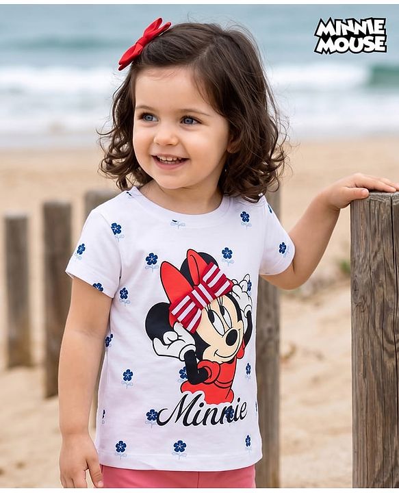 Babyhug Disney Cotton Knit T-Shirt with Minnie Mouse Graphic Print Half Sleeves Round Neck White 3-6 Months