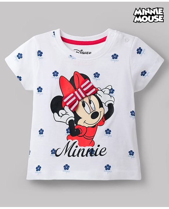 Babyhug Disney Cotton Knit T-Shirt with Minnie Mouse Graphic Print Half Sleeves Round Neck White 3-6 Months