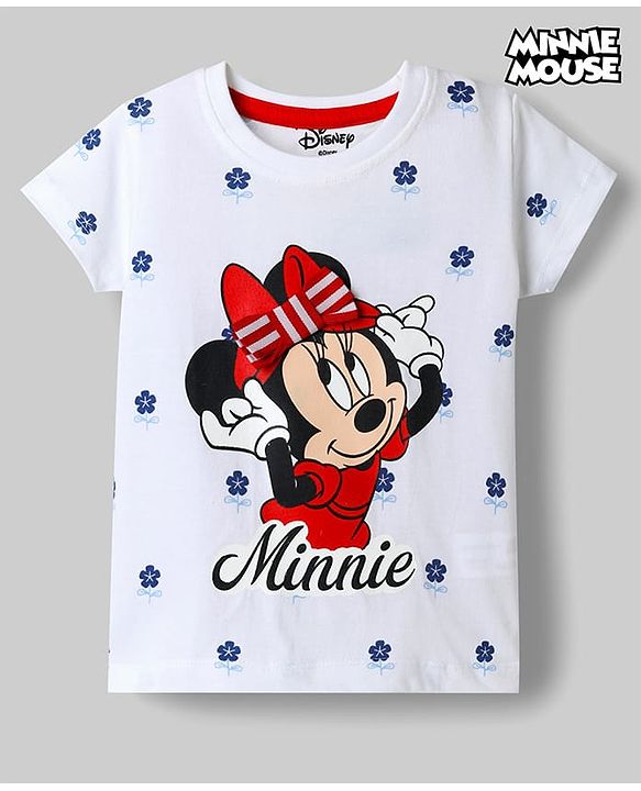 Babyhug Disney Cotton Knit T-Shirt with Minnie Mouse Graphic Print Half Sleeves Round Neck White 3-6 Months