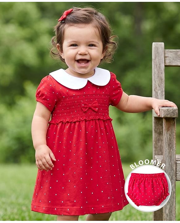 Babyhug Single Jersey Knit Half Sleeves Smocked Frock with Polka Dot Print & Bloomer - Dark Pink