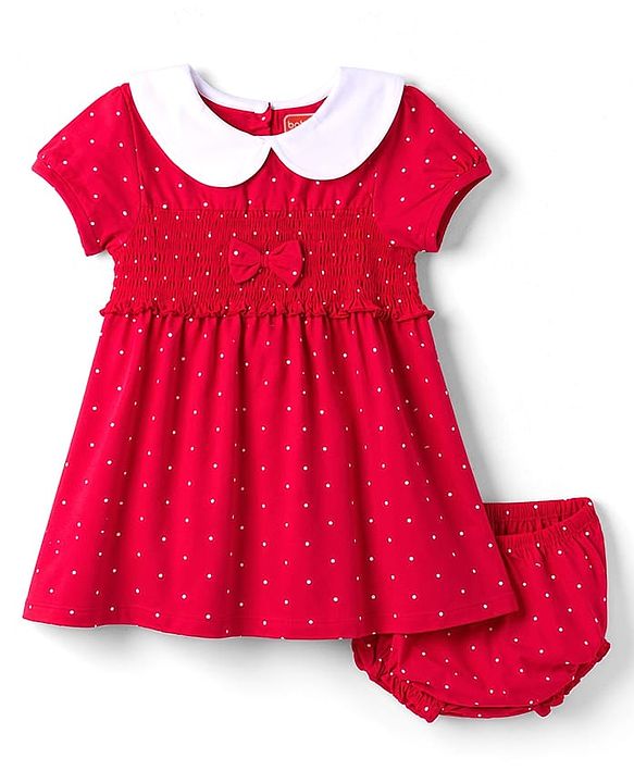 Babyhug Single Jersey Knit Half Sleeves Smocked Frock with Polka Dot Print & Bloomer - Dark Pink