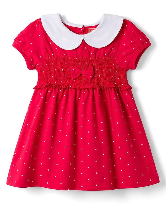 Babyhug Single Jersey Knit Half Sleeves Smocked Frock with Polka Dot Print & Bloomer - Dark Pink