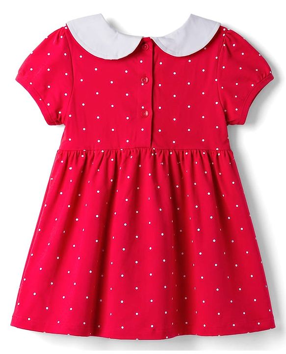 Babyhug Single Jersey Knit Half Sleeves Smocked Frock with Polka Dot Print & Bloomer - Dark Pink