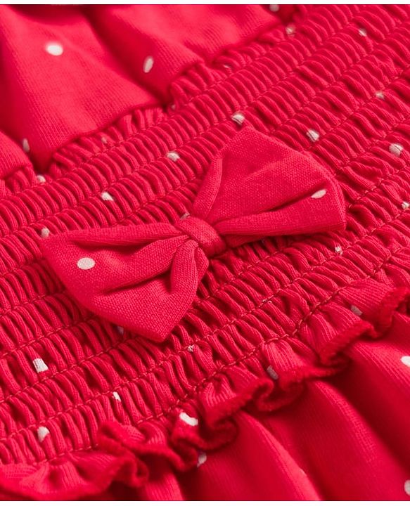 Babyhug Single Jersey Knit Half Sleeves Smocked Frock with Polka Dot Print & Bloomer - Dark Pink