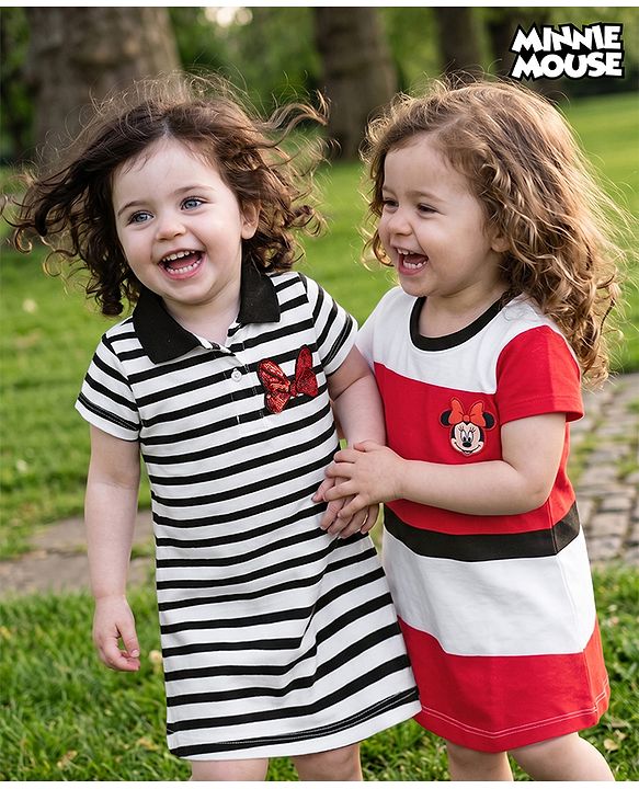 Babyhug Disney Single Jersey Pique Knit Half Sleeve Dresses With Minnie Mouse Graphic & Sequin Detailing Bow Applique Pack of 2 - White & Red
