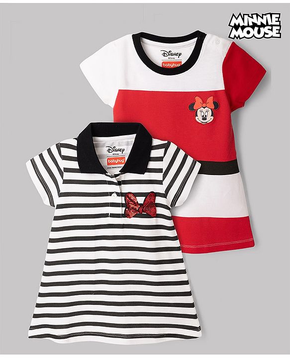 Babyhug Disney Single Jersey Pique Knit Half Sleeve Dresses With Minnie Mouse Graphic & Sequin Detailing Bow Applique Pack of 2 - White & Red