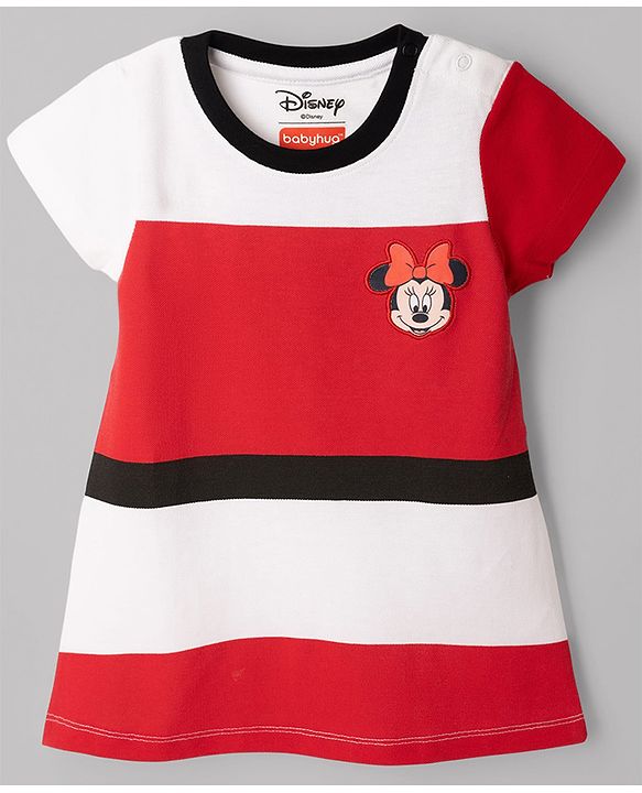 Babyhug Disney Single Jersey Pique Knit Half Sleeve Dresses With Minnie Mouse Graphic & Sequin Detailing Bow Applique Pack of 2 - White & Red