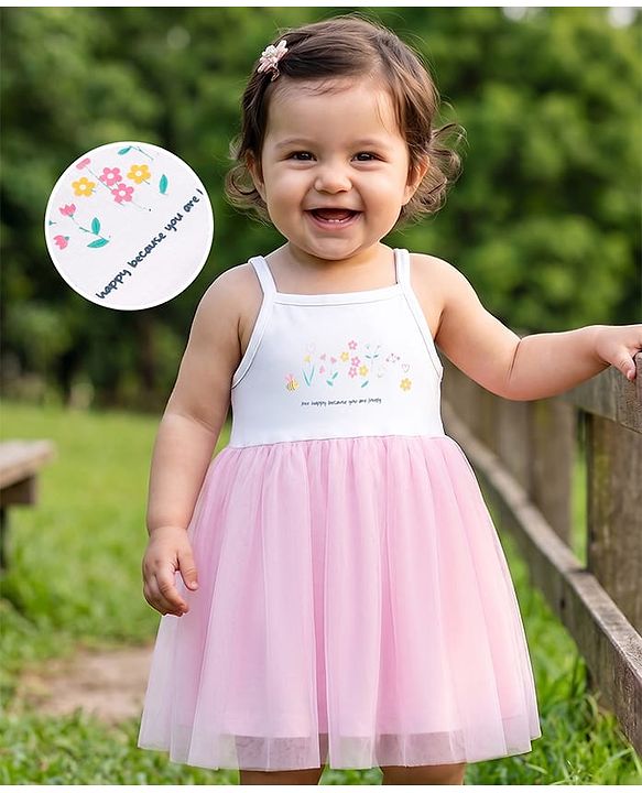 Babyhug Mesh Knit Sleeveless Bees & Floral Printed Frock With Bloomer - Pink