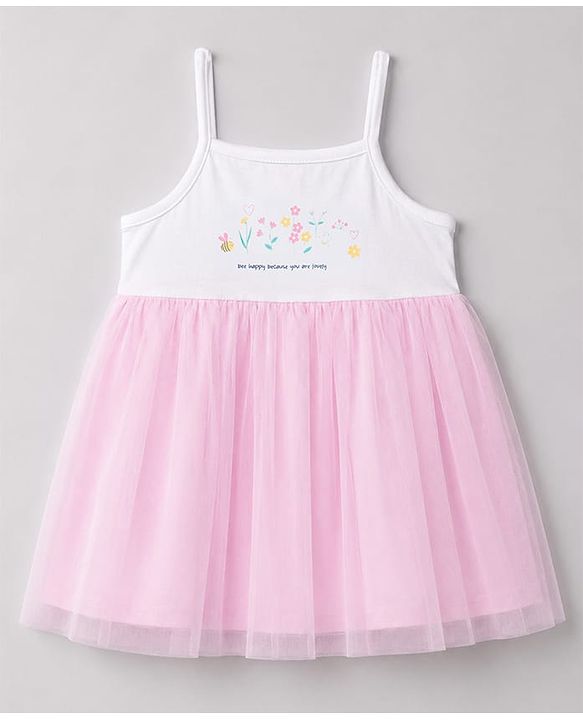 Babyhug Mesh Knit Sleeveless Bees & Floral Printed Frock With Bloomer - Pink