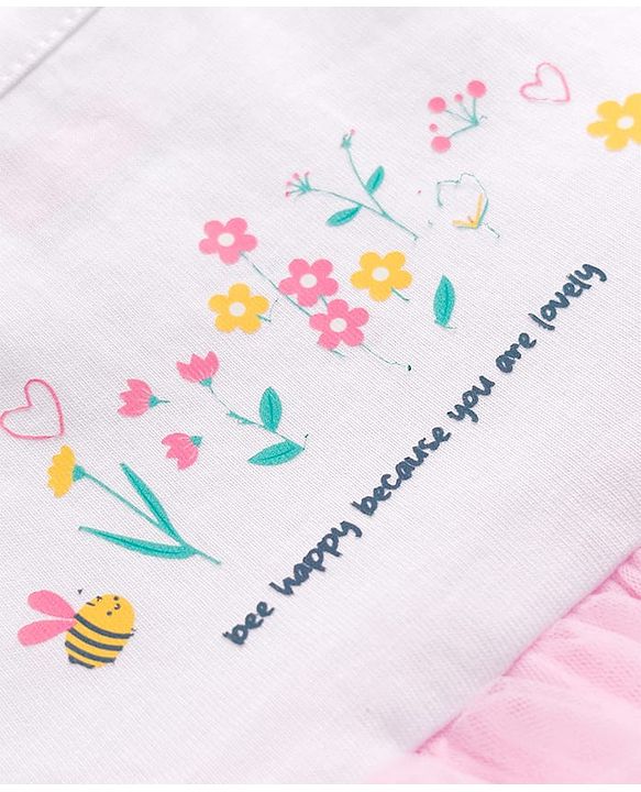 Babyhug Mesh Knit Sleeveless Bees & Floral Printed Frock With Bloomer - Pink