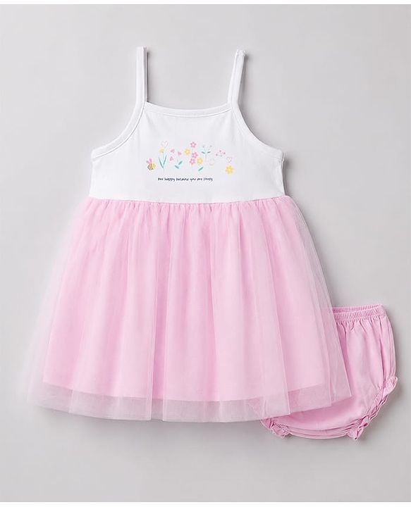 Babyhug Mesh Knit Sleeveless Bees & Floral Printed Frock With Bloomer - Pink