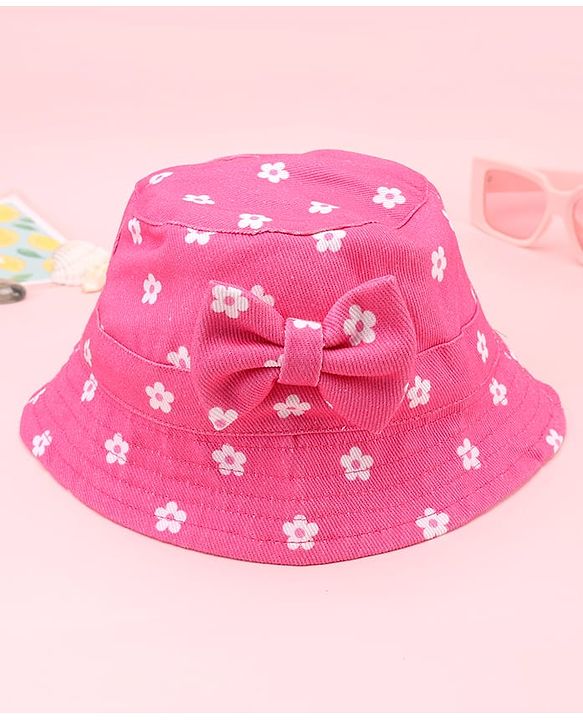 Babyhug Twill Woven Floral Printed Bucket Cap With Bow Applique Dark Pink - Diameter 16 cm