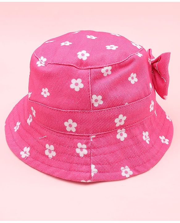 Babyhug Twill Woven Floral Printed Bucket Cap With Bow Applique Dark Pink - Diameter 16 cm