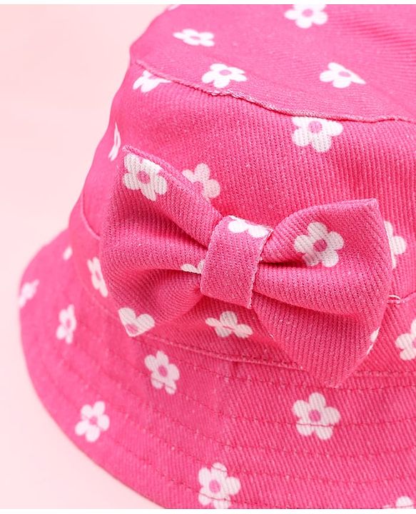 Babyhug Twill Woven Floral Printed Bucket Cap With Bow Applique Dark Pink - Diameter 16 cm